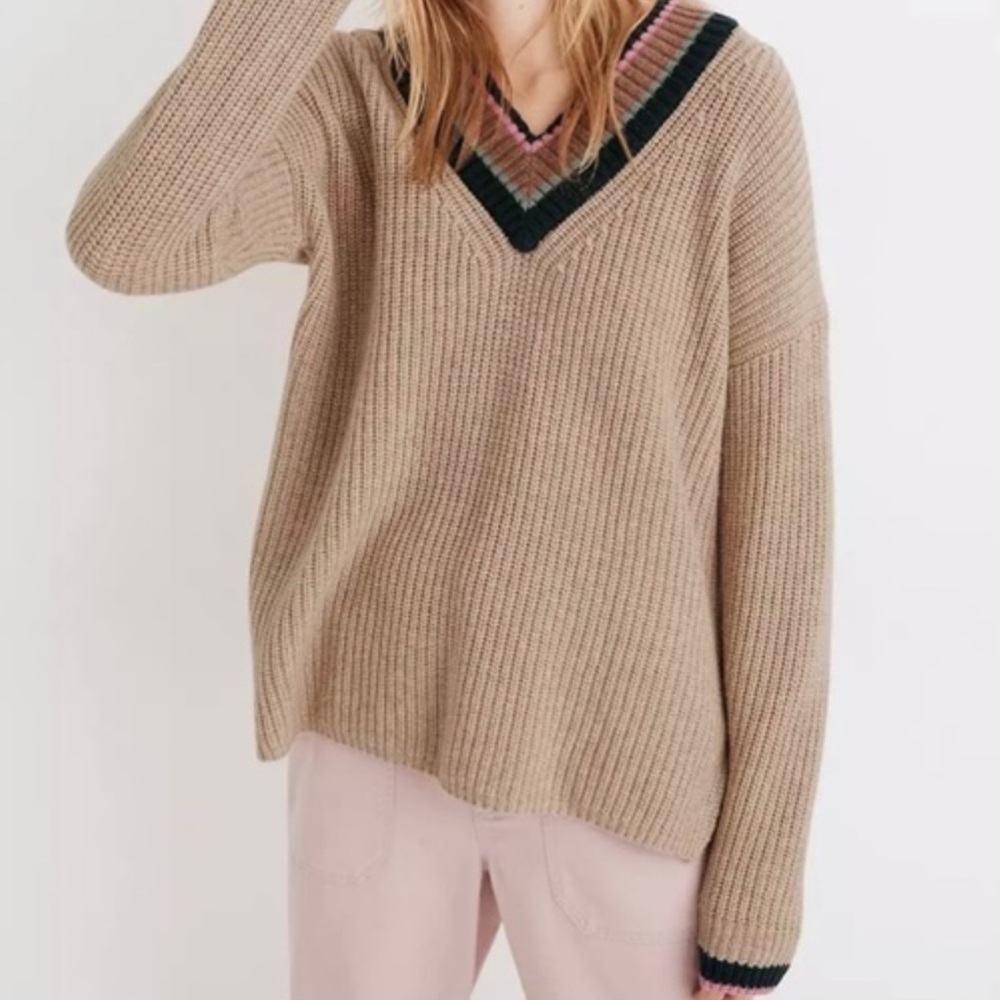 Madewell Wool Tan Pink Green V Neck Varsity Preppy Contemporary Chevron Sweater
